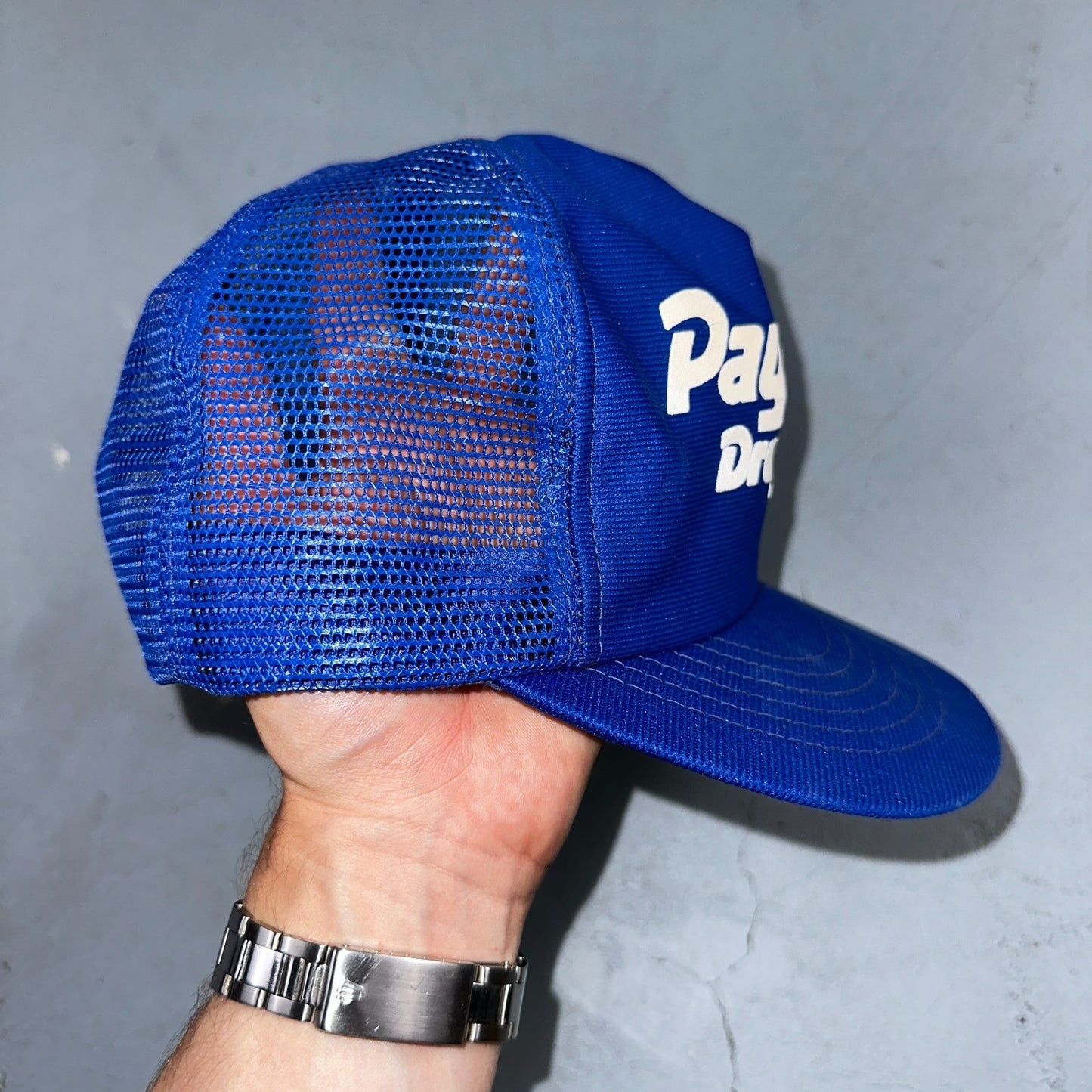 Vintage Pay Less Drug Store Hat Blue Mesh Snapback Pharmacy Promo Trucker Cap US