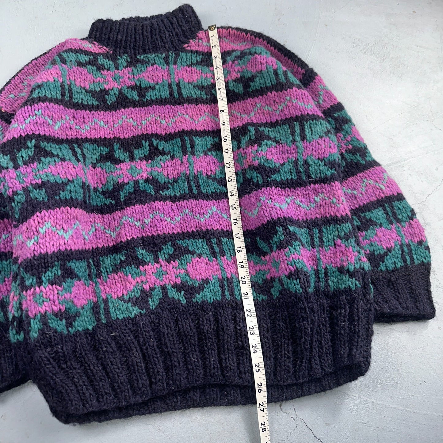 VTG World Class Sweater Purple Striped Wool Hand Made Aztec Geometric 1970s