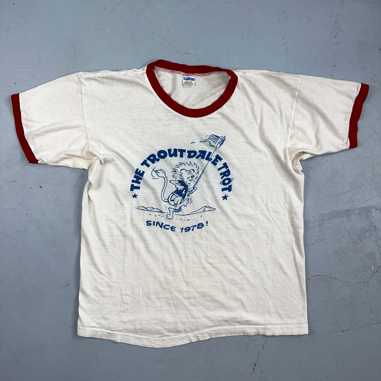 Champion Blue Bar Ringer 70s VTG T Shirt Troutdale Trot Oregon Portland Lion Run
