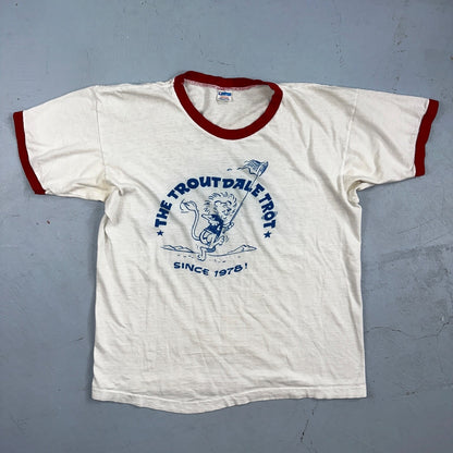 Champion Blue Bar Ringer 70s VTG T Shirt Troutdale Trot Oregon Portland Lion Run