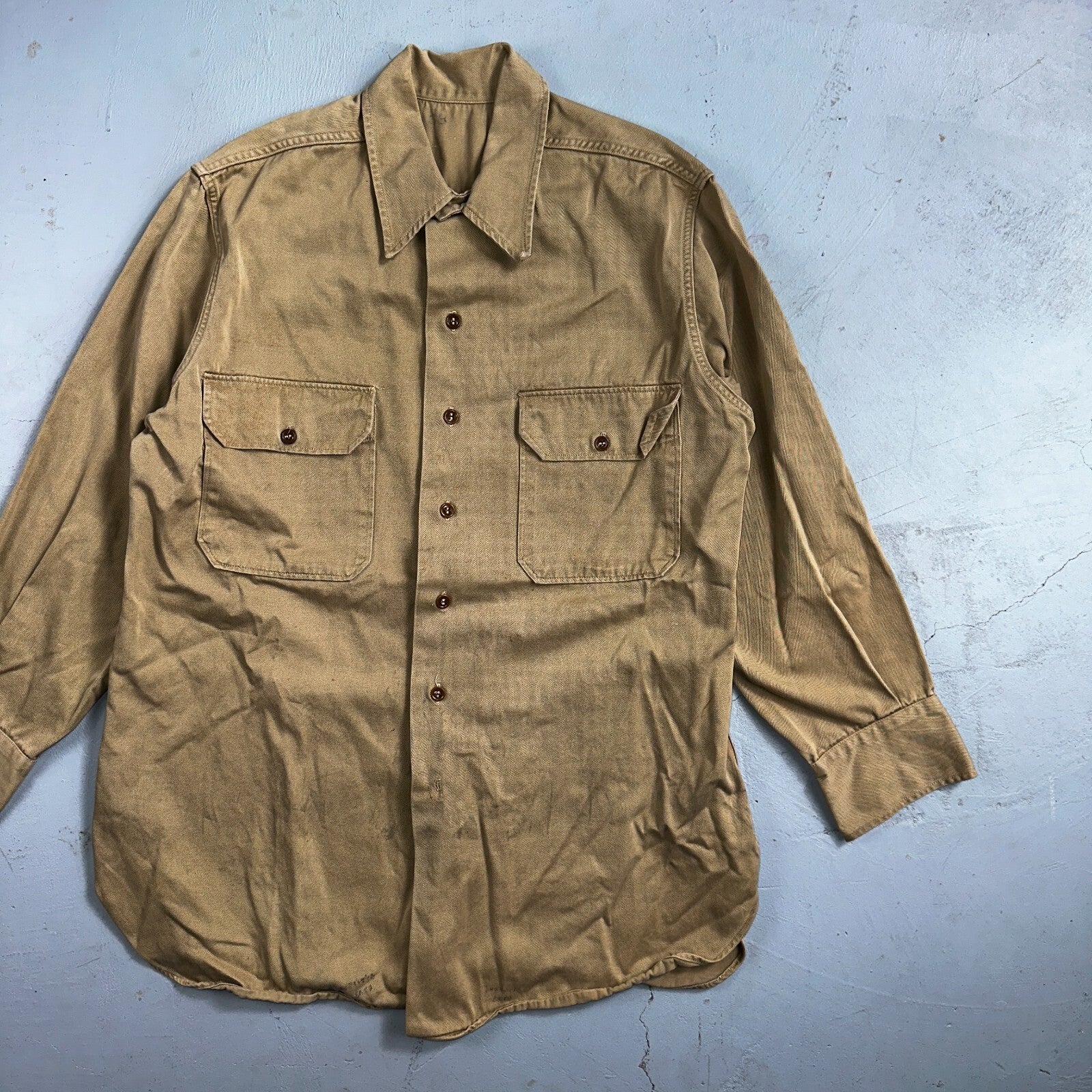Vintage 40s WWII Gusset Khaki Work Army Military Button Shirt Stencil USN