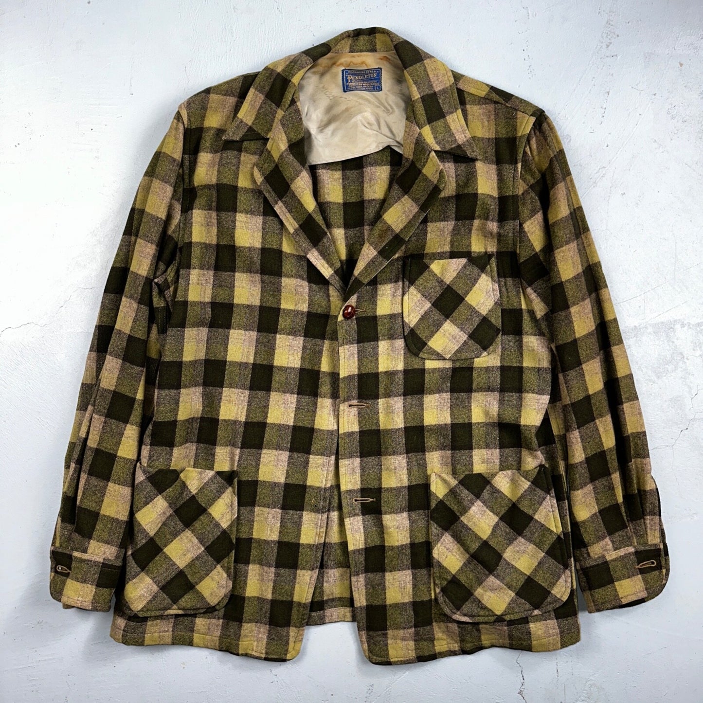 Pendleton 49er Blazer Mens L Yellow Green Wool Plaid Jacket Vintage 60s 1960s