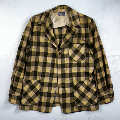 Pendleton 49er Blazer Mens L Yellow Green Wool Plaid Jacket Vintage 60s 1960s