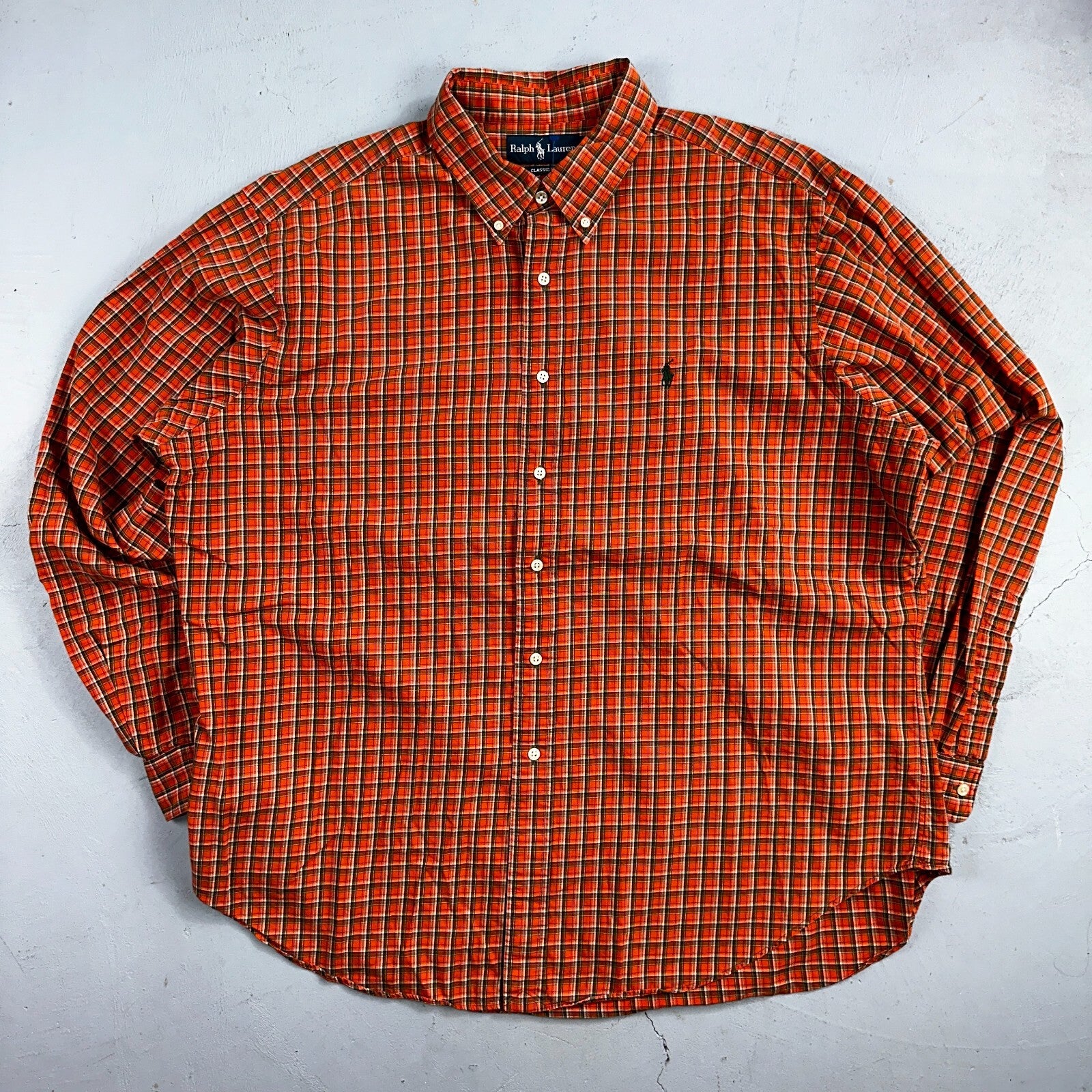 Ralph Lauren Classic Fit Button Down VTG Shirt Mens 2XL Orange Plaid Blue Label
