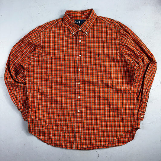 Ralph Lauren Classic Fit Button Down VTG Shirt Mens 2XL Orange Plaid Blue Label
