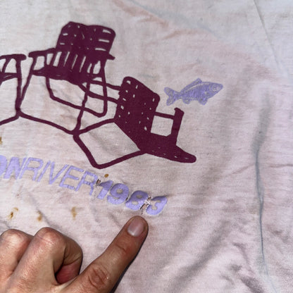 Salmon River 1983 VTG T Shirt Thrashed Lawn Chairs Fish Fishing 80s Single Stitc