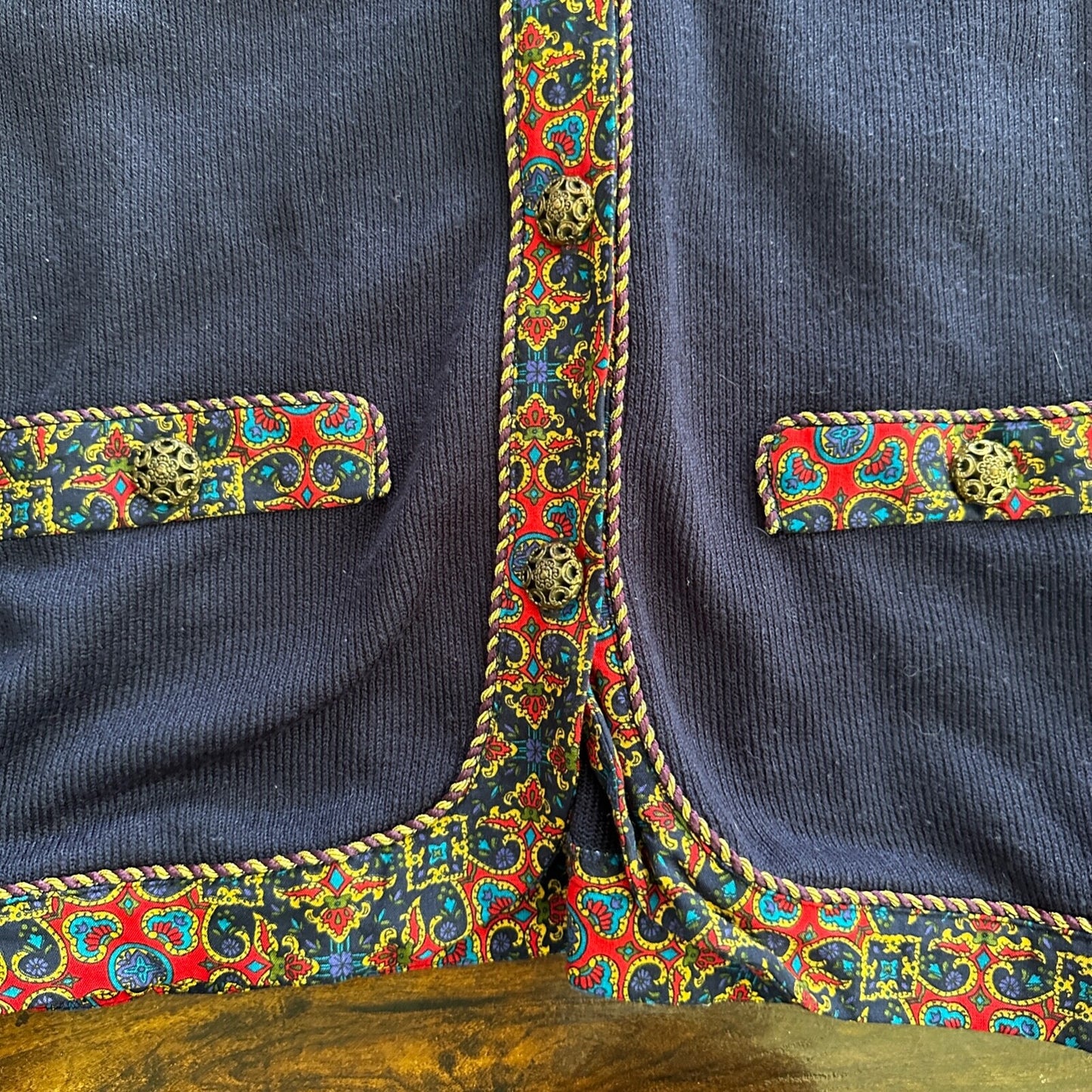 Jeffrey and Dara by Linda Hutley Knit Blazer Paisley VTG Navy Cardigan 90s