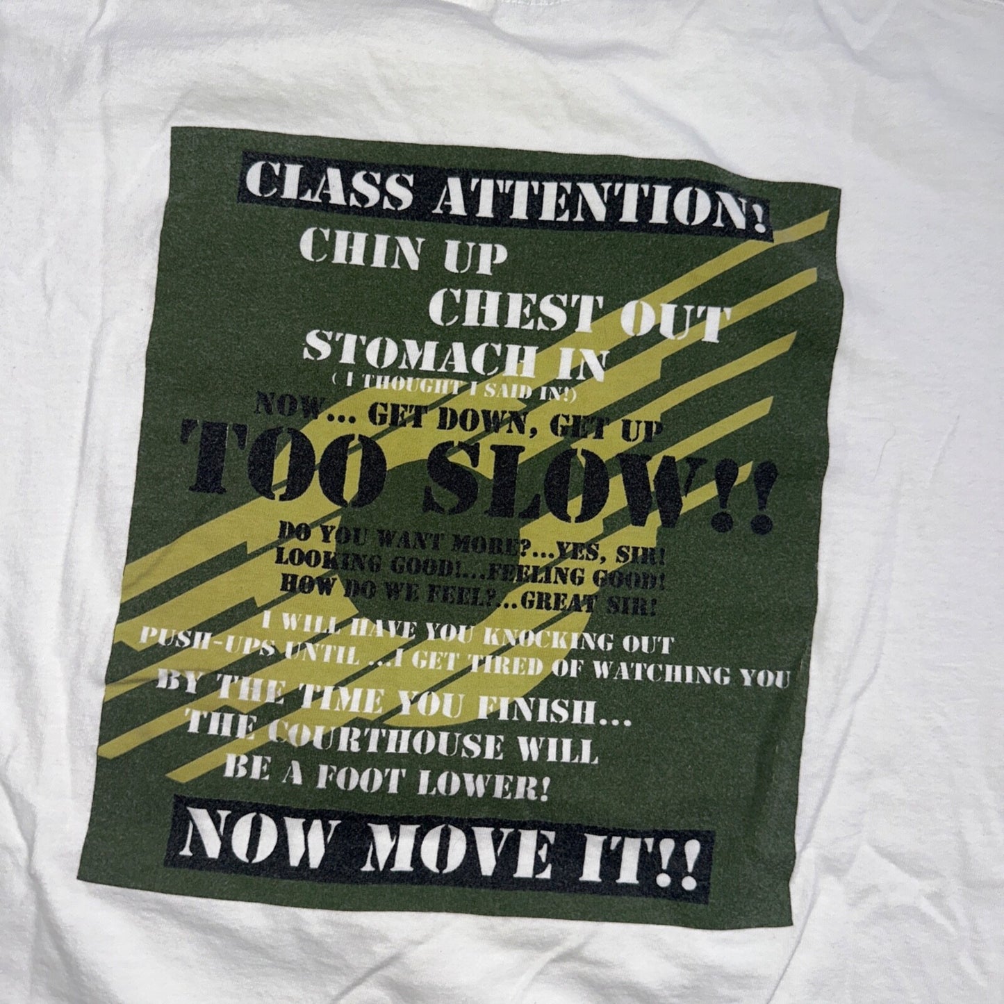 Oneita Boot Camp Aerobics VTG T Shirt Military Too Slow Class Attention USA