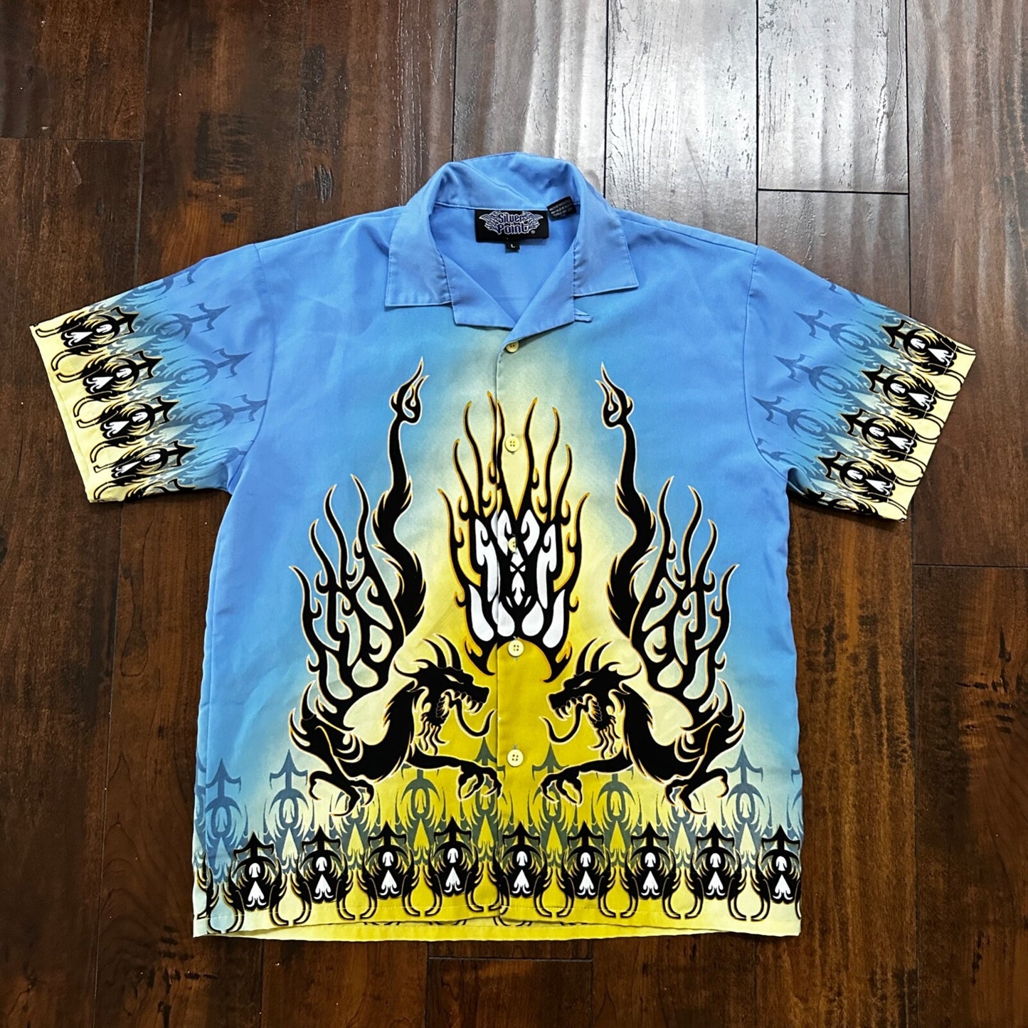 VTG Y2K Silver Point Blue Tribal Button Down Shirt Size L 1980s Ricky Trailer