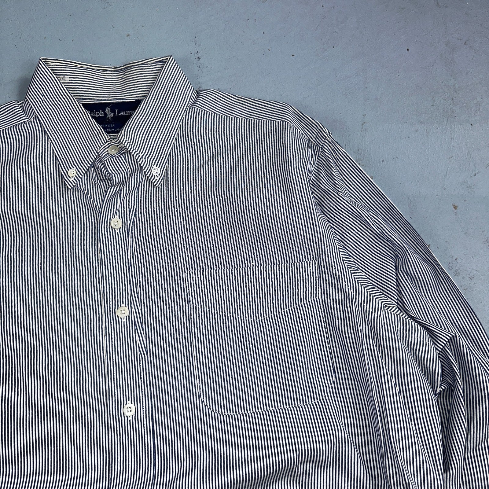 Polo Ralph Lauren Shirt 15.5 White Navy Striped USA Japan Button Up Long Sleeve