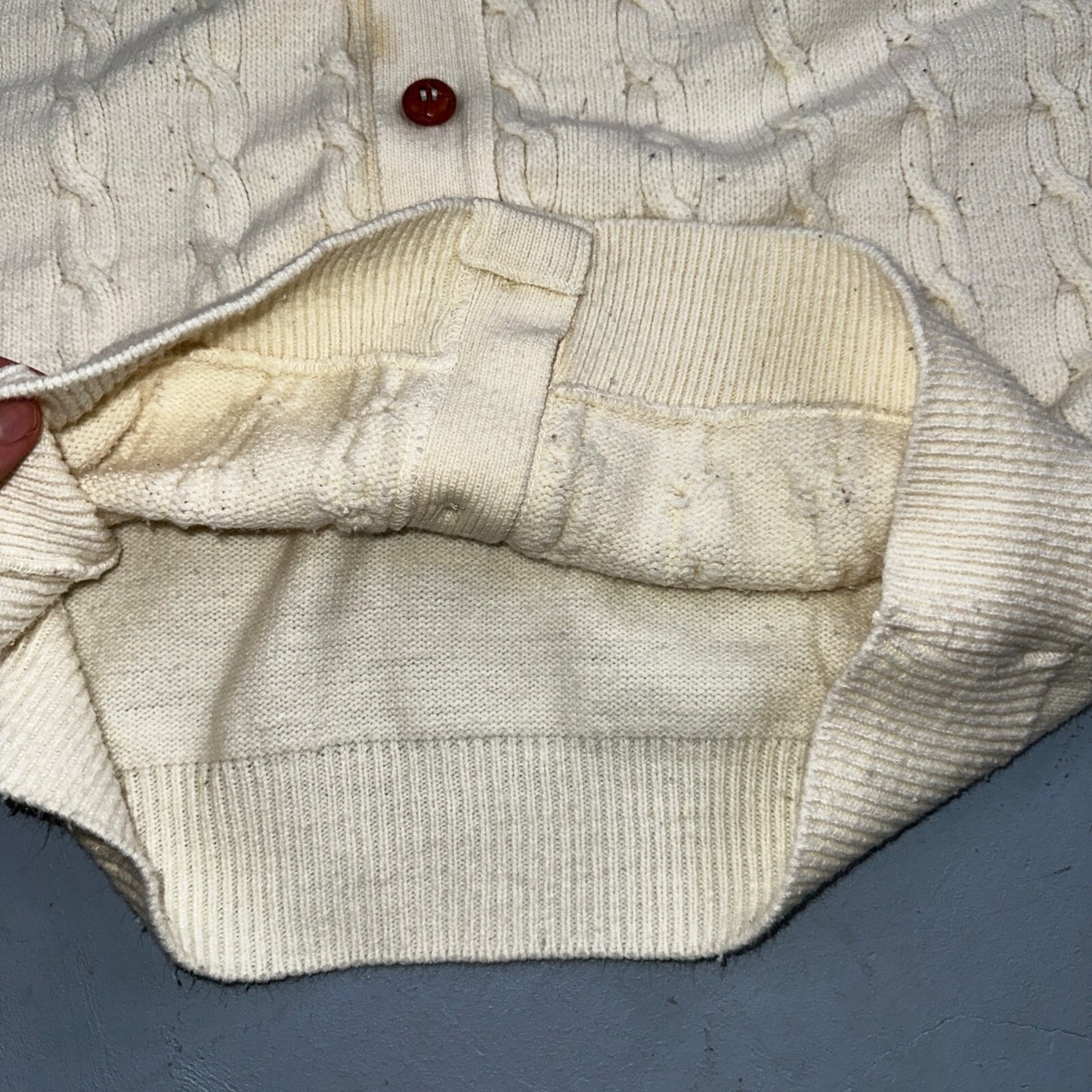 Vintage 70s Heritage Sweater Vest L Mens USA Crewneck Cream Cable Knit Fisherman