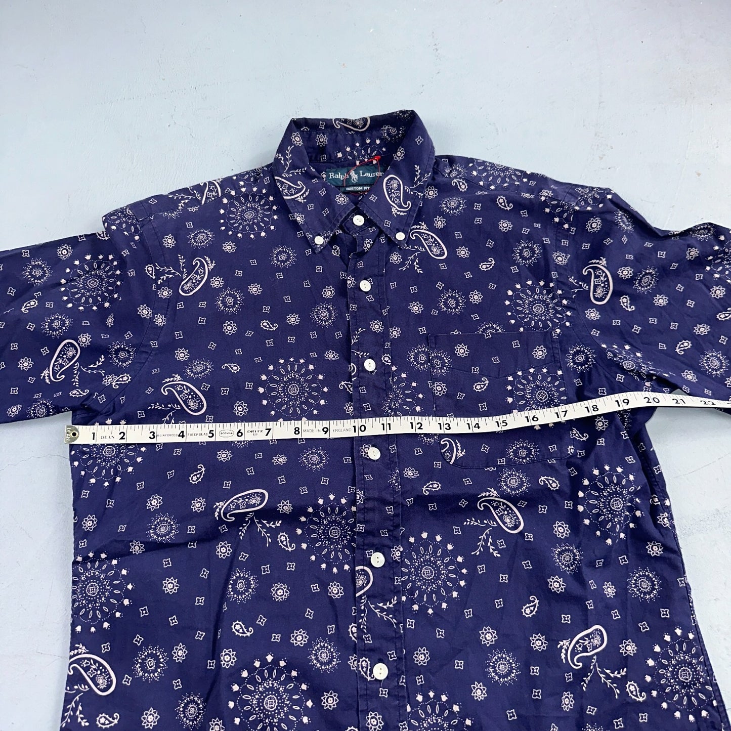 Ralph Lauren Custom Fit Paisley Navy Blue Geometric Pattern M Sleeve Button Up