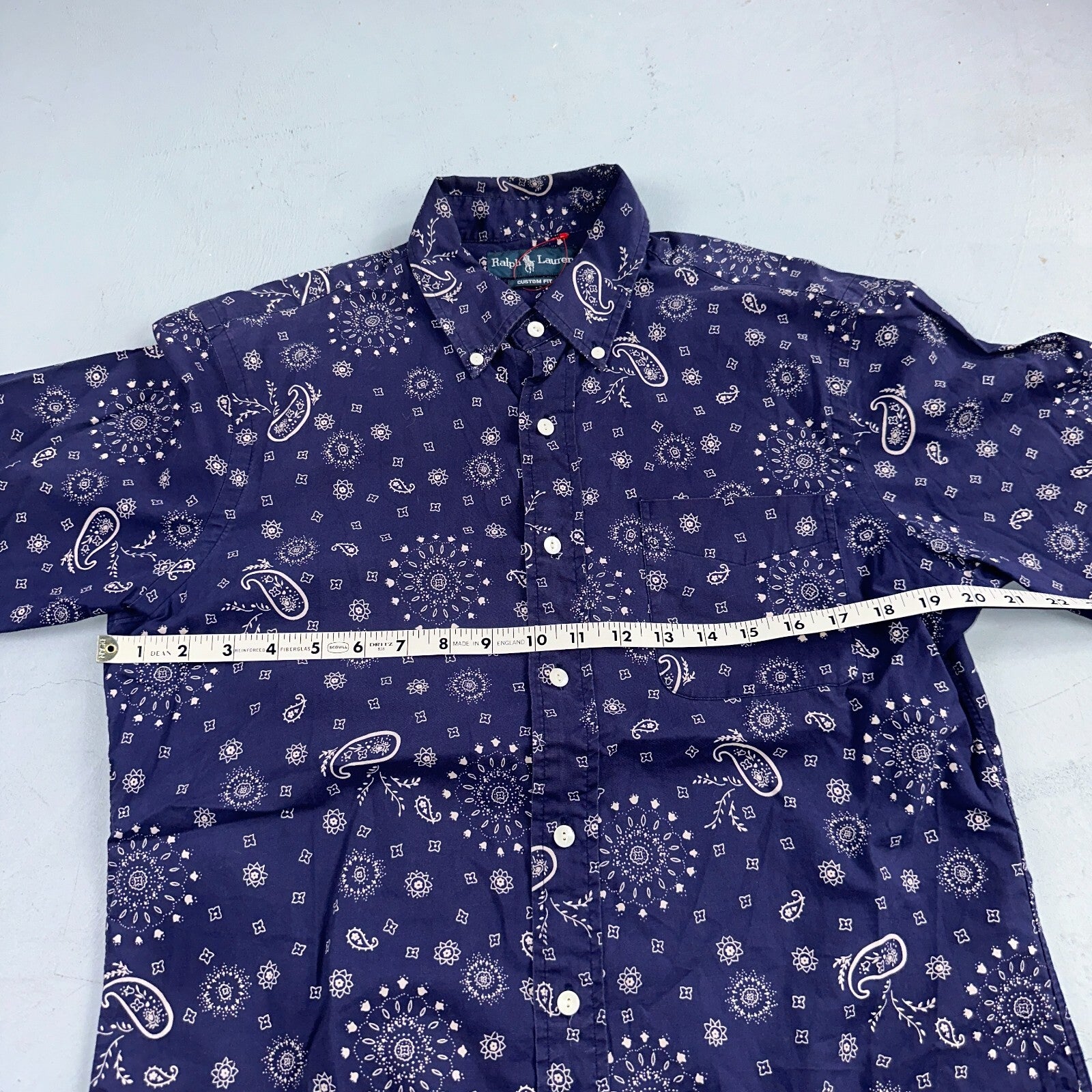Ralph Lauren Custom Fit Paisley Navy Blue Geometric Pattern M Sleeve Button Up
