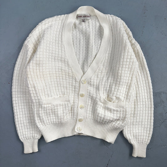 John Ashford USA VTG Sweater Mens Large Cardigan Button Front White Grandpa Core