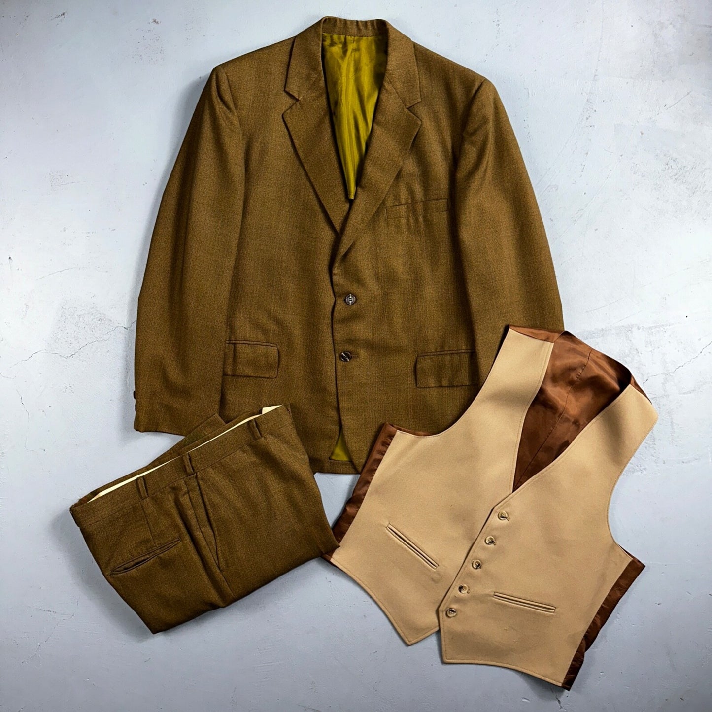 VTG Mens 3 PC Suit 42 Jacket Coat Pants Vest Plaid Rockabilly 70s 1970s Brown