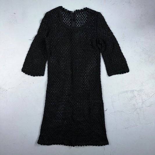 Vtg 60s 70s Lace Dress Fit Rockabilly Simple Black Midi Long Sleeve Talon