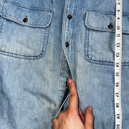 VTG USA Made LL Bean Flannel Lined Worn Distressed Denim Shirt Size L Farm Core