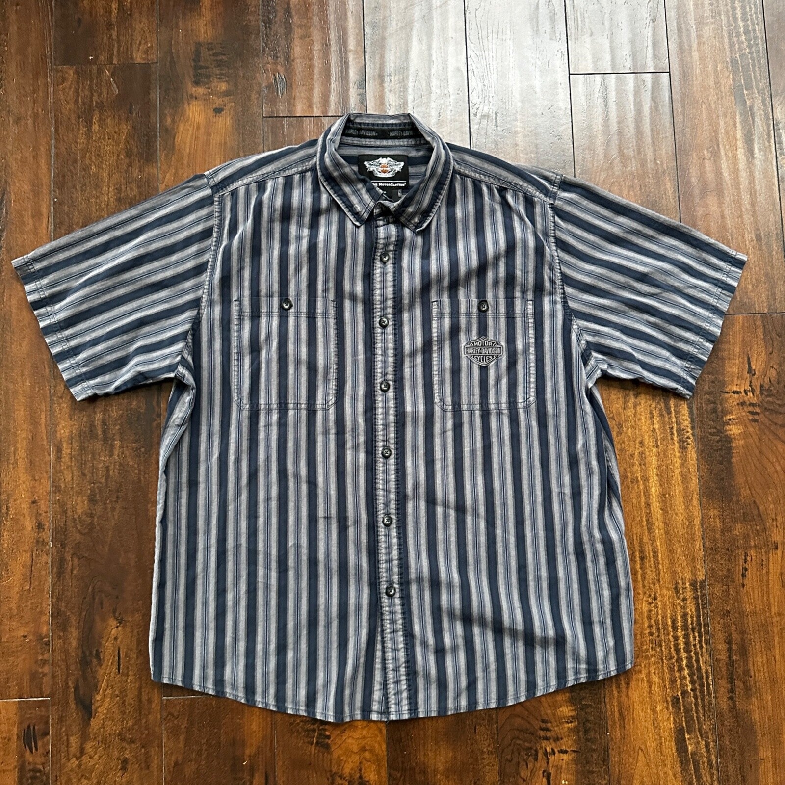 Harley Davidson Shirt Button Up XL Short Sleeve VTG Embroidery Striped Blue