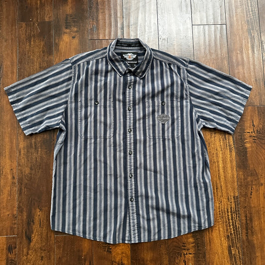 Harley Davidson Shirt Button Up XL Short Sleeve VTG Embroidery Striped Blue
