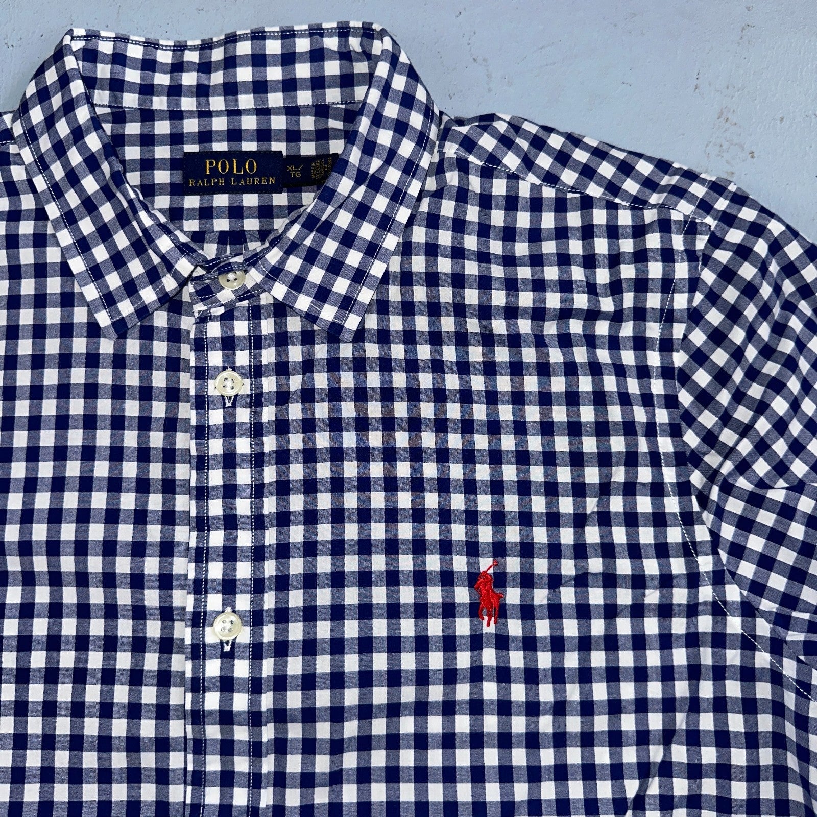 Ralph Lauren Boys XL Blue Gingham Check Long Sleeve Shirt 100% Cotton Polo