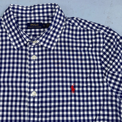 Ralph Lauren Boys XL Blue Gingham Check Long Sleeve Shirt 100% Cotton Polo