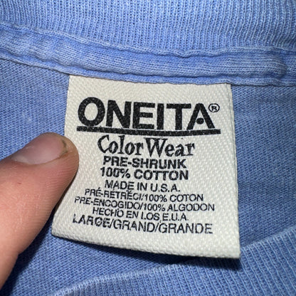 Oneita Nantucket VTG T Shirt USA Boston Simple Script Graphic Logo Light Blue