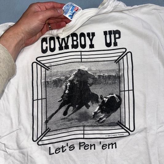 Cowboy Up Hanes Rare 90s VTG T Shirt Rodeo USA America Cow Boots Country Photo