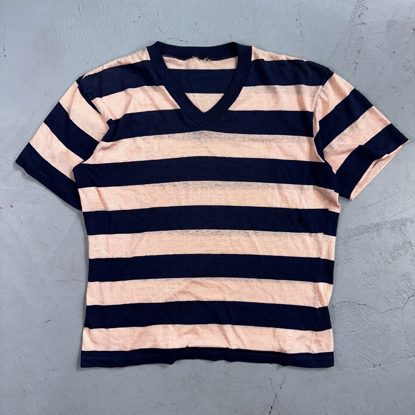 Blue Pink Rockabilly V Neck T Shirt 1970s Striped Basic Essential Single Stitch