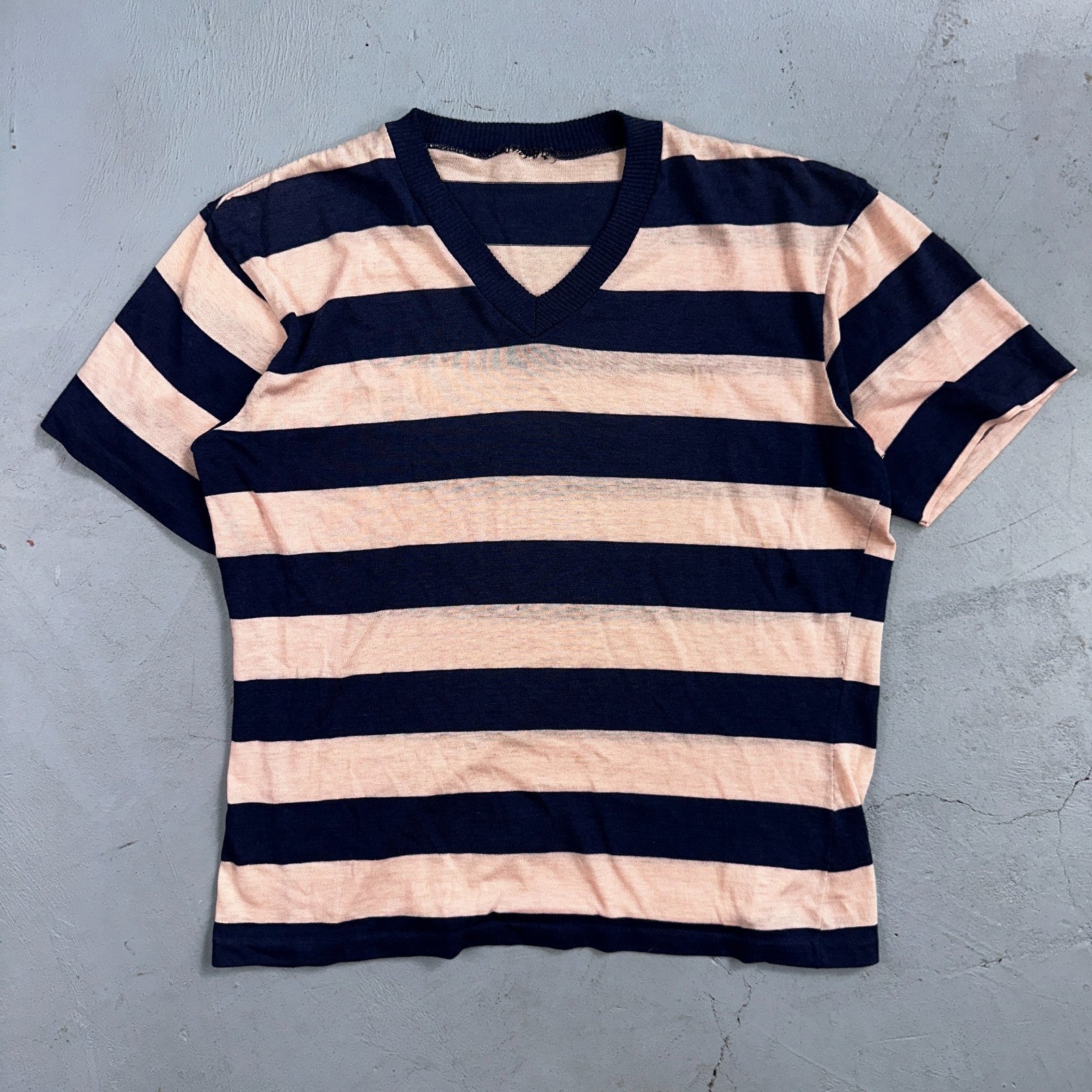 Blue Pink Rockabilly V Neck T Shirt 1970s Striped Basic Essential Single Stitch