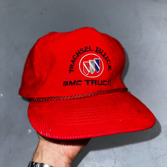 Vintage Trachsel Buick GMC Trucks Hat Red Corduroy Rope Snapback Car Dealer USA