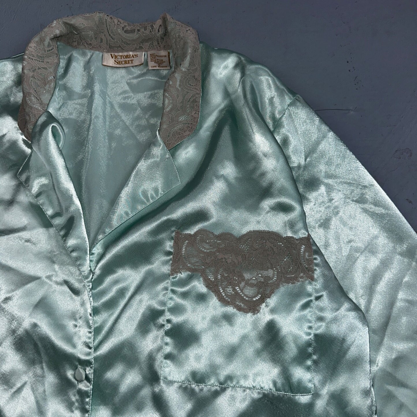 Vintage Victoria’s Secret Green Mint Satin Button Pajama Shirt Dress S 1990s