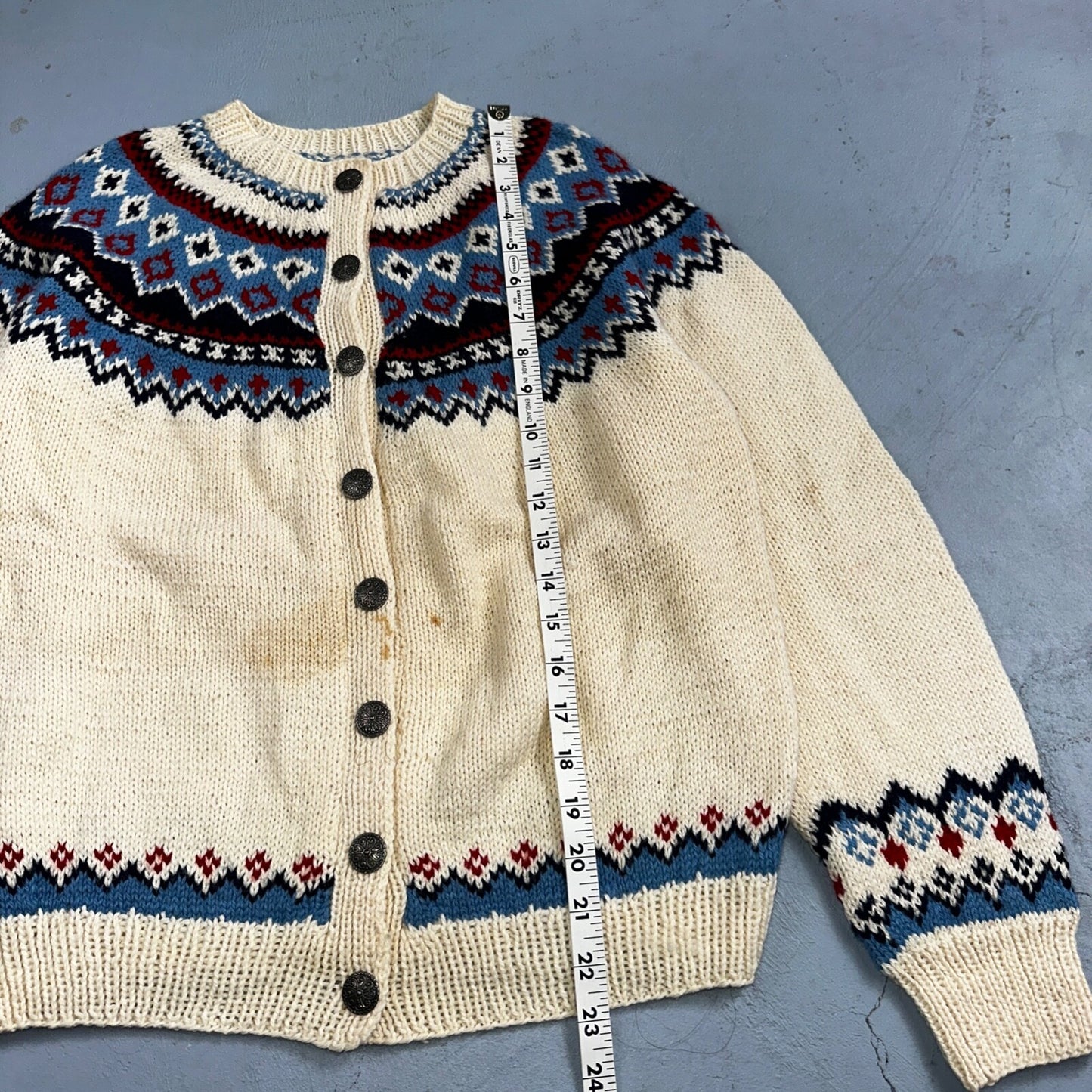 1960s VTG Boho Icelandic Knit Cardigan Large Ivory Red Wool Chunky Grandma Core