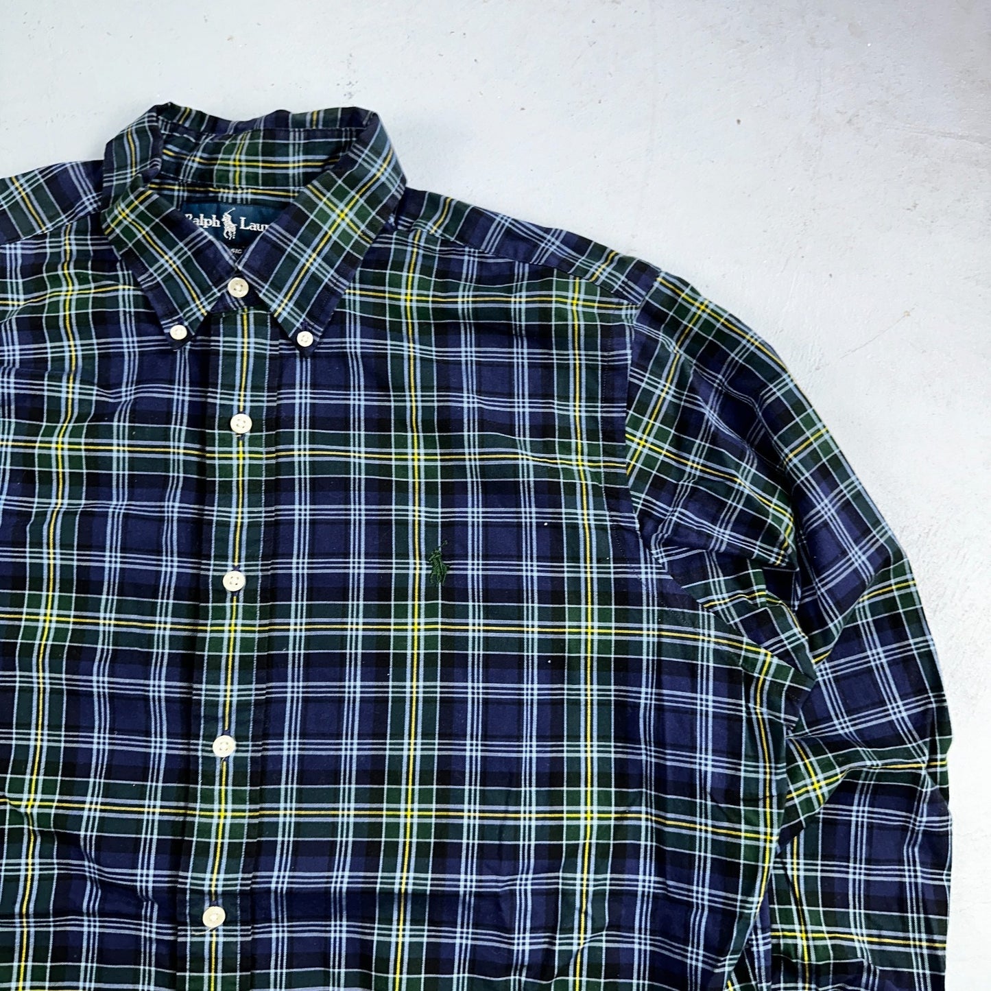 Ralph Lauren Button Up Shirt Men’s Large L Blue Green Yellow Plaid Long Sleeves