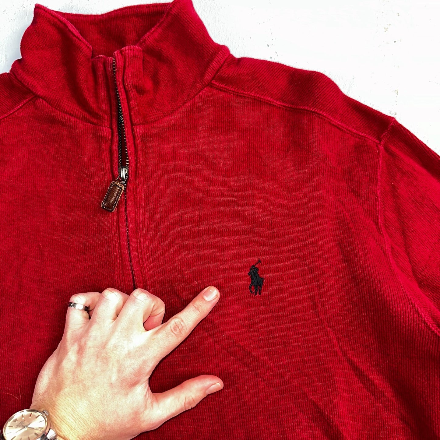 Polo Ralph Lauren Sweater VTG M Red Cotton Long Sleeve Mock Neck Quarter Zip