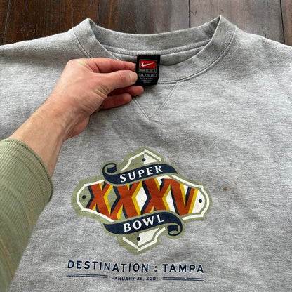 Vintage Nike Crewneck Sweater Gray Essential Super Bowl XXXV Tampa Y2K