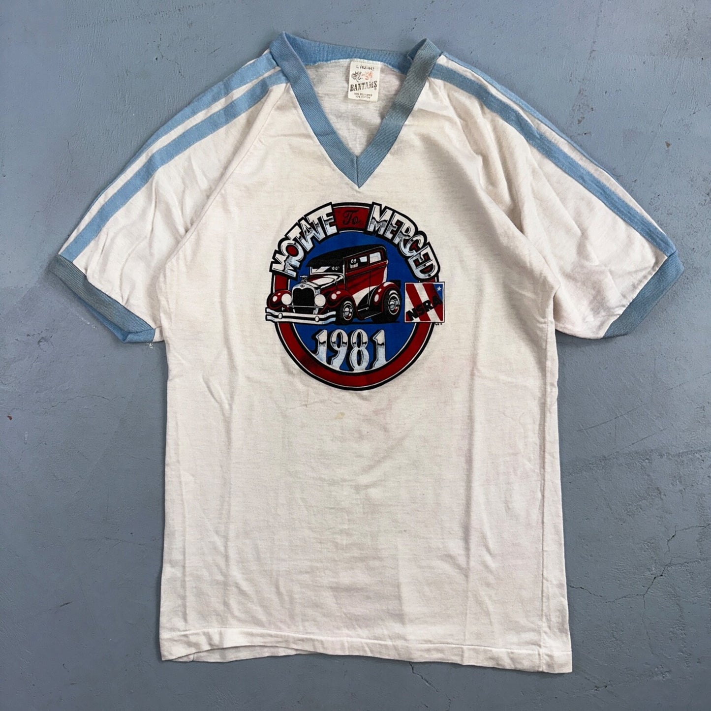 Hot Rods 1981 Motate Merced VTG T Shirt NSRA 80s V Neck Cut Cars Crazy Graphic