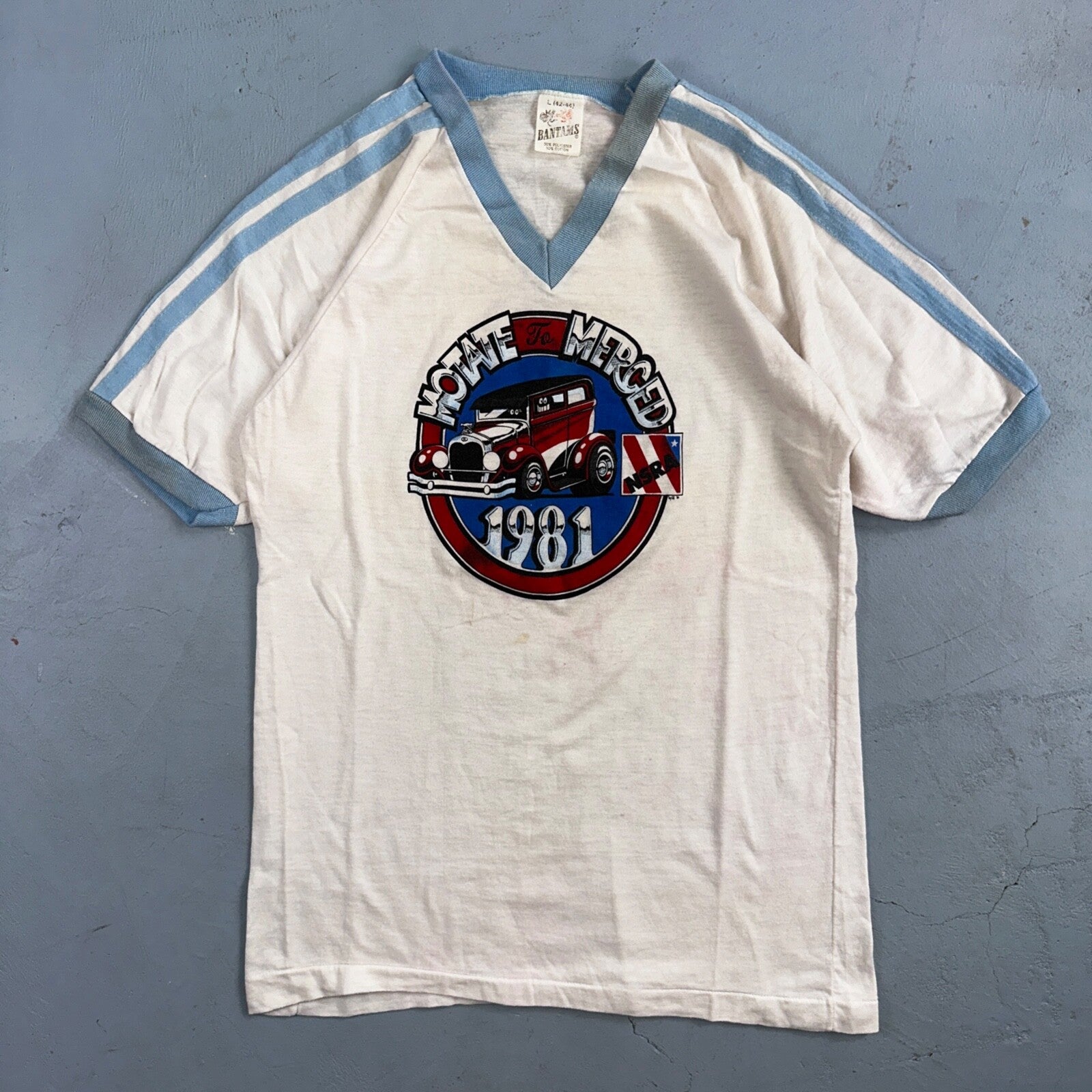 Hot Rods 1981 Motate Merced VTG T Shirt NSRA 80s V Neck Cut Cars Crazy Graphic