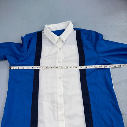 White Blue Long Sleeve Button Up Womens L Vintage 90s China Abstract Striped