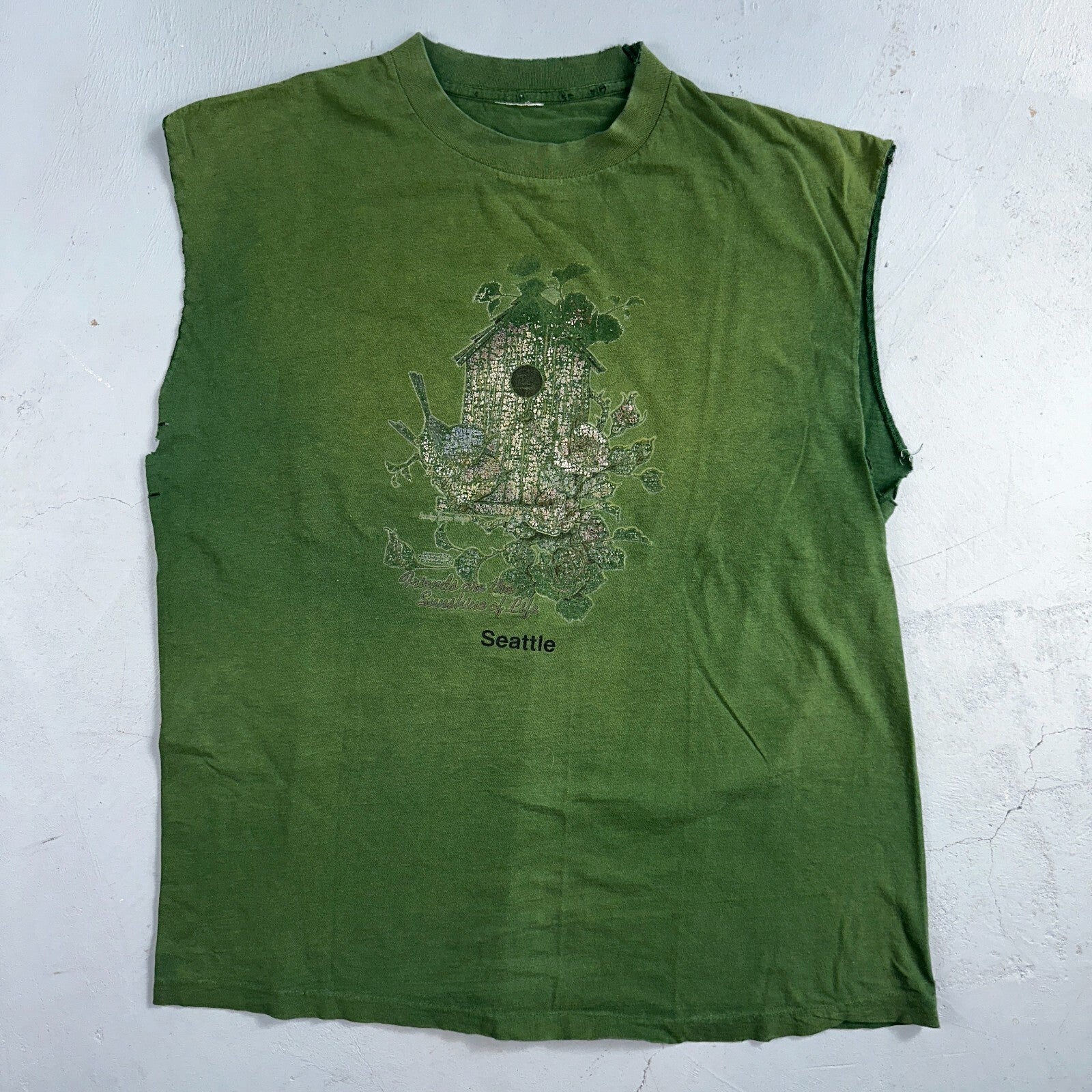 Seattle Birdhouse VTG T Shirt Birds Chopped Sleeves Thrashed Distressed Graphic