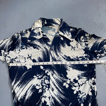 1970s Hawaiian Long Sleeve Floral Waves Button Down Shirt Medium 70s Rockabilly