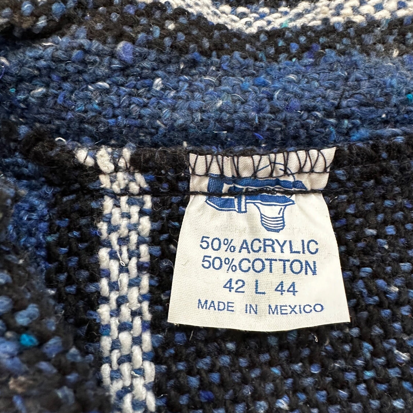 VTG 1980s Baja Hoodie Hippie Size L Surfer Style Blue/Black 90s 80s Mexico