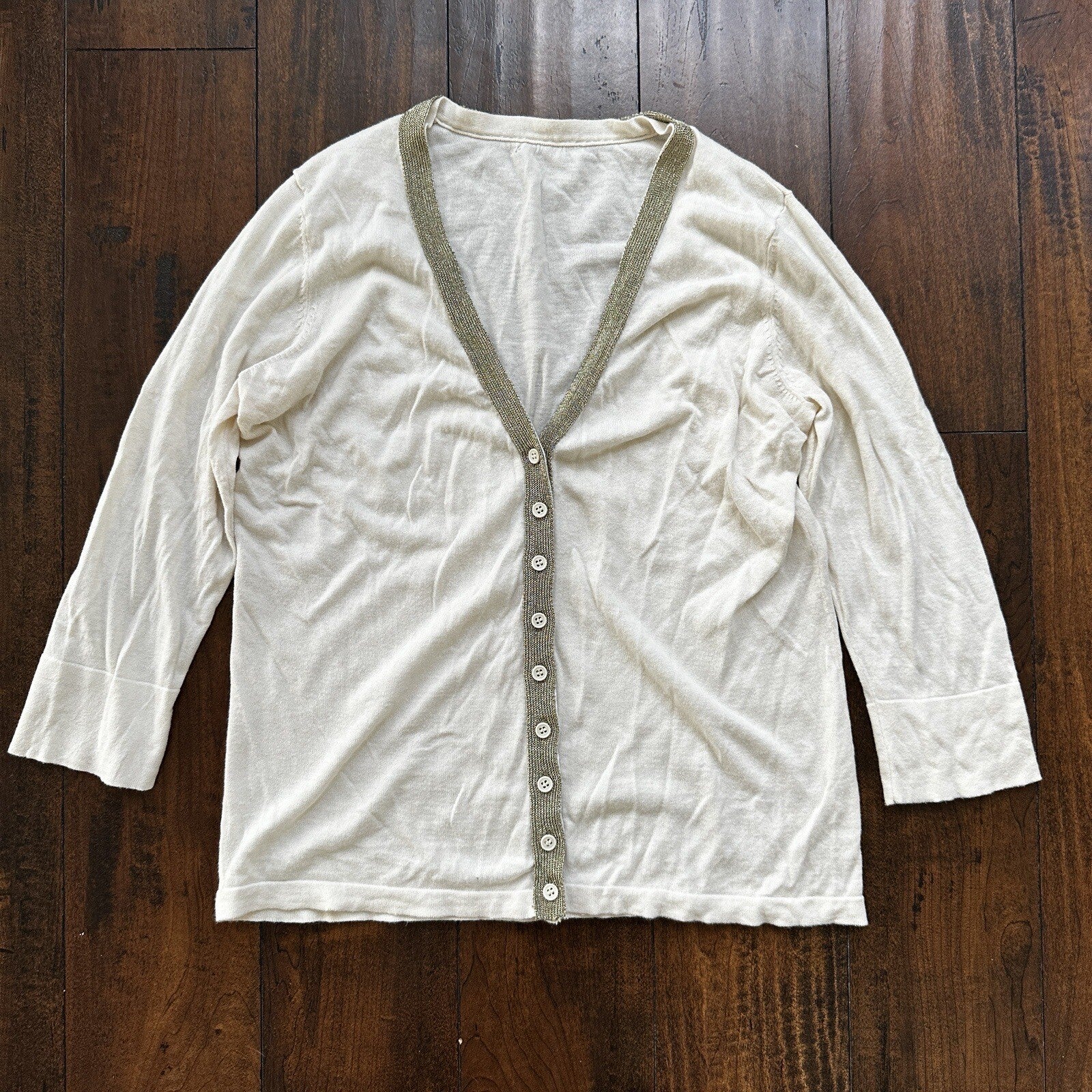 Vintage 1970s Women's White Gold Cardigan Sweater Cute Accent Button Up 70s
