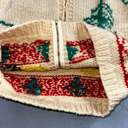 VTG 1950’s Cowichan Wool Full Zip Up Hand Knit Sweater Winter Sled Novelty Talon