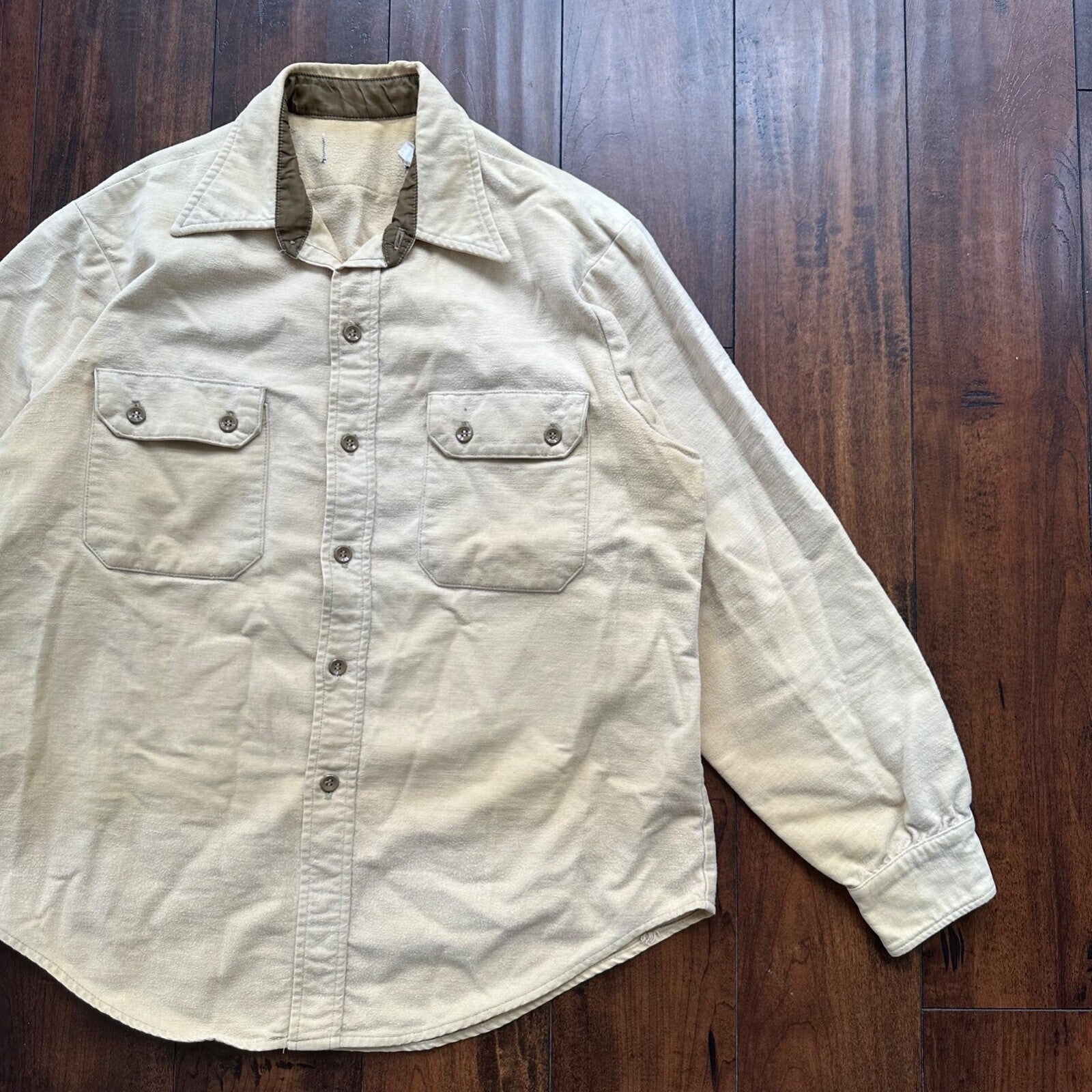 VTG Beige Shirt Mens L Cowboy Tan Chamois Flannel Button Up Pockets 80s