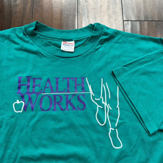 Health Works Gym Single Stitch XXL Vintage T Shirt Apple Big Cool Green Hanes