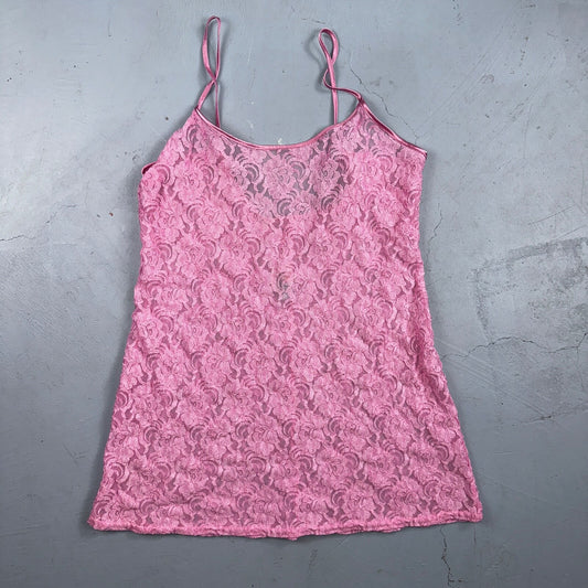 Soft Sensations 80s VTG Women's Lace Trim Satin Mini Slip Lingerie Dress Pink