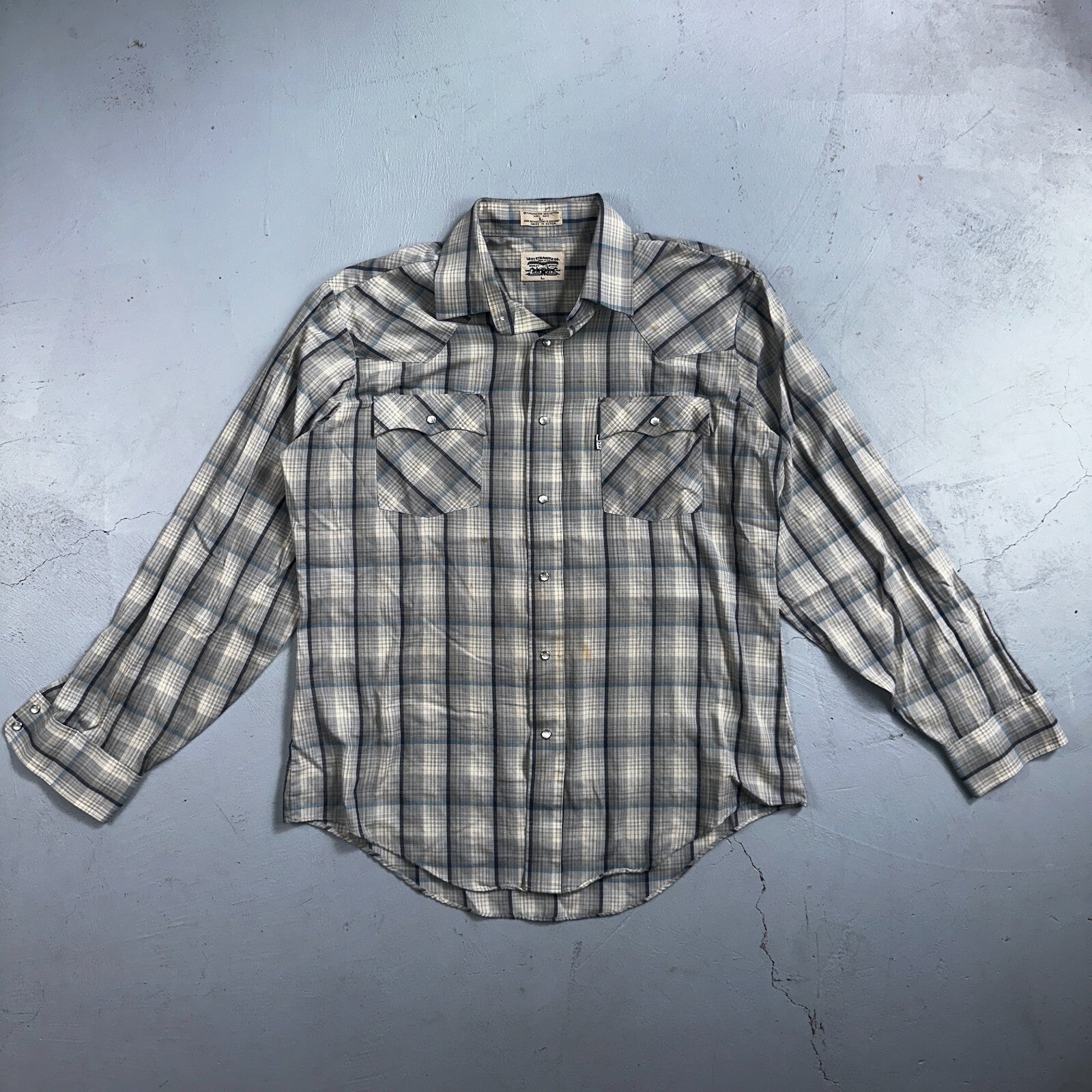 Levis VTG 1980s Pearl Snap Button Shirt Mens L Plaid 80s Cowboy Shirt Korea LS