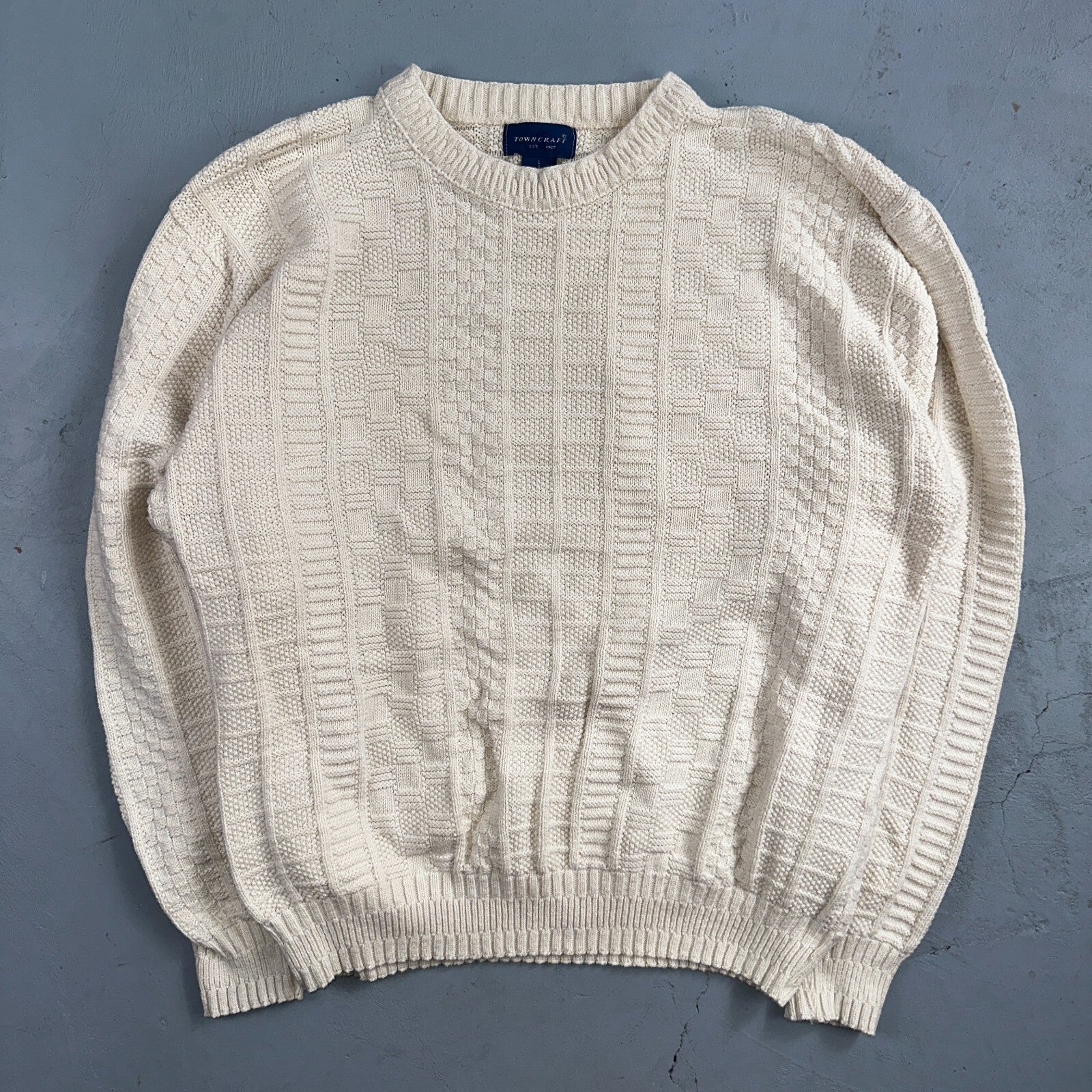 Towncraft VTG 80s 100% Cotton Made In USA Ivory Square Knit Sweater Sz L
