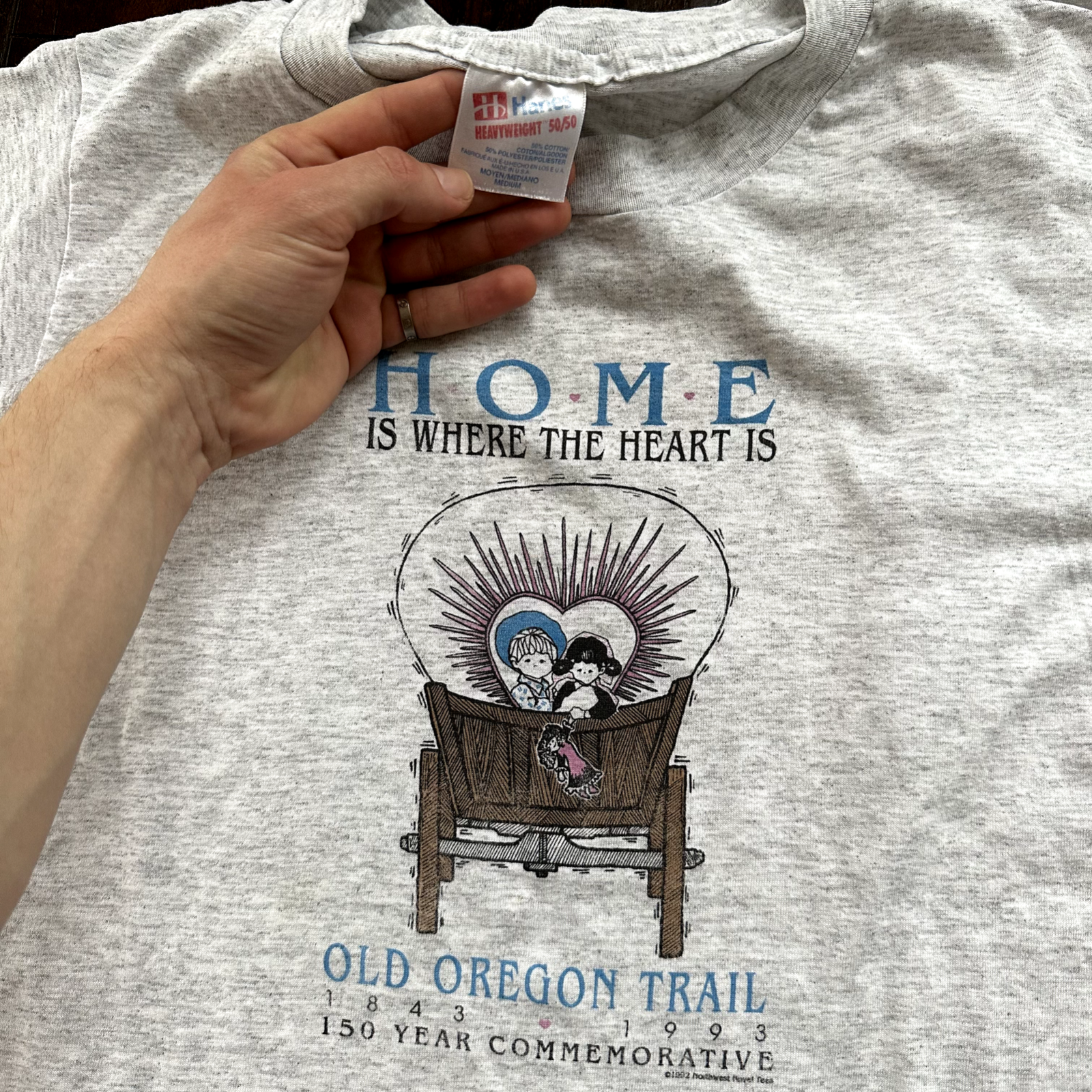 Oregon Trail West Wagons Vintage T Shirt Single Stitch State USA Cool Gray