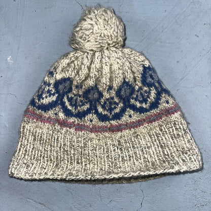 Vintage Danspin Denmark Wool Knit Hat Nordic Fair Isle Beanie Pom Winter Cap 70s